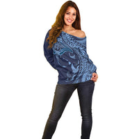 Hawaiian Manta Ray and Polynesian Tribal Tattoo Off Shoulder Sweater Dark Navy Color LT03 - Polynesian Pride