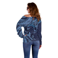 Hawaiian Manta Ray and Polynesian Tribal Tattoo Off Shoulder Sweater Dark Navy Color LT03 - Polynesian Pride