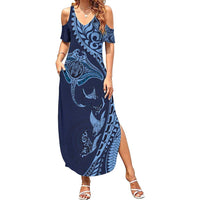 Hawaiian Manta Ray and Polynesian Tribal Tattoo Summer Maxi Dress Dark Navy Color LT03 Women Dark Navy - Polynesian Pride