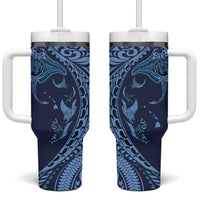 Hawaiian Manta Ray and Polynesian Tribal Tattoo Tumbler With Handle Dark Navy Color