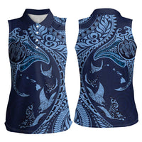 Hawaiian Manta Ray and Polynesian Tribal Tattoo Women Sleeveless Polo Shirt Dark Navy Color LT03