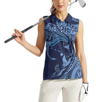 Hawaiian Manta Ray and Polynesian Tribal Tattoo Women Sleeveless Polo Shirt Dark Navy Color LT03