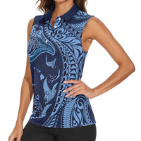Hawaiian Manta Ray and Polynesian Tribal Tattoo Women Sleeveless Polo Shirt Dark Navy Color LT03