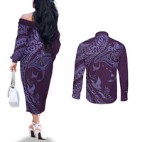 Hawaiian Manta Ray and Polynesian Tribal Tattoo Couples Matching Off The Shoulder Long Sleeve Dress and Long Sleeve Button Shirt Purple Color LT03 - Polynesian Pride