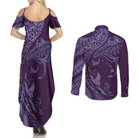Hawaiian Manta Ray and Polynesian Tribal Tattoo Couples Matching Summer Maxi Dress and Long Sleeve Button Shirt Purple Color LT03