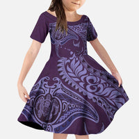 Hawaiian Manta Ray and Polynesian Tribal Tattoo Kid Short Sleeve Dress Purple Color LT03
