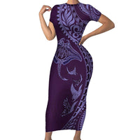 Hawaiian Manta Ray and Polynesian Tribal Tattoo Short Sleeve Bodycon Dress Purple Color LT03