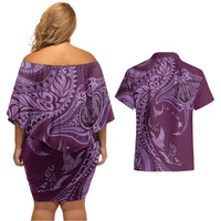Hawaiian Manta Ray and Polynesian Tribal Tattoo Couples Matching Off Shoulder Short Dress and Hawaiian Shirt Pink Color LT03 - Polynesian Pride
