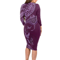 Hawaiian Manta Ray and Polynesian Tribal Tattoo Long Sleeve Bodycon Dress Pink Color LT03