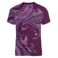 Hawaiian Manta Ray and Polynesian Tribal Tattoo Women V-Neck T-Shirt Pink Color LT03