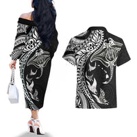 Hawaiian Manta Ray and Polynesian Tribal Tattoo Couples Matching Off The Shoulder Long Sleeve Dress and Hawaiian Shirt Black Color LT03 - Polynesian Pride