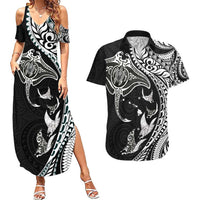 Hawaiian Manta Ray and Polynesian Tribal Tattoo Couples Matching Summer Maxi Dress and Hawaiian Shirt Black Color LT03 Black - Polynesian Pride