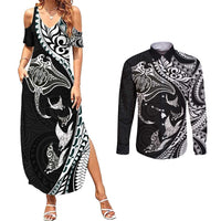 Hawaiian Manta Ray and Polynesian Tribal Tattoo Couples Matching Summer Maxi Dress and Long Sleeve Button Shirt Black Color LT03 Black - Polynesian Pride