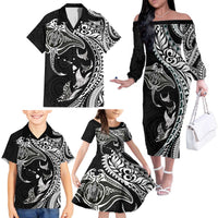 Hawaiian Manta Ray and Polynesian Tribal Tattoo Family Matching Off The Shoulder Long Sleeve Dress and Hawaiian Shirt Black Color LT03