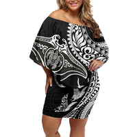 Hawaiian Manta Ray and Polynesian Tribal Tattoo Off Shoulder Short Dress Black Color LT03 Women Black - Polynesian Pride