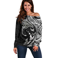 Hawaiian Manta Ray and Polynesian Tribal Tattoo Off Shoulder Sweater Black Color LT03 Women Black - Polynesian Pride