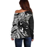 Hawaiian Manta Ray and Polynesian Tribal Tattoo Off Shoulder Sweater Black Color LT03 - Polynesian Pride