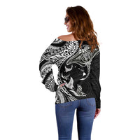 Hawaiian Manta Ray and Polynesian Tribal Tattoo Off Shoulder Sweater Black Color LT03 - Polynesian Pride