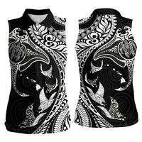 Hawaiian Manta Ray and Polynesian Tribal Tattoo Women Sleeveless Polo Shirt Black Color LT03