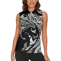 Hawaiian Manta Ray and Polynesian Tribal Tattoo Women Sleeveless Polo Shirt Black Color LT03
