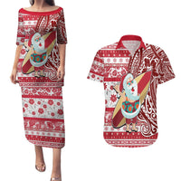 Hawaii Mele Kalikimaka Couples Matching Puletasi Dress and Hawaiian Shirt Santa Claus Surfing with Hawaiian Pattern Striped Red Style LT03 Red - Polynesian Pride