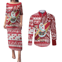 Hawaii Mele Kalikimaka Couples Matching Puletasi Dress and Long Sleeve Button Shirt Santa Claus Surfing with Hawaiian Pattern Striped Red Style LT03 Red - Polynesian Pride