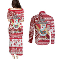 Hawaii Mele Kalikimaka Couples Matching Puletasi Dress and Long Sleeve Button Shirt Santa Claus Surfing with Hawaiian Pattern Striped Red Style LT03 - Polynesian Pride