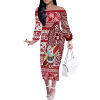 Hawaii Mele Kalikimaka Family Matching Off Shoulder Long Sleeve Dress and Hawaiian Shirt Santa Claus Surfing with Hawaiian Pattern Striped Red Style LT03 Mom's Dress Red - Polynesian Pride
