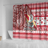 Hawaii Mele Kalikimaka Shower Curtain Santa Claus Surfing with Hawaiian Pattern Striped Red Style LT03 - Polynesian Pride