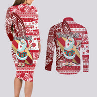 Custom Hawaii Mele Kalikimaka Couples Matching Long Sleeve Bodycon Dress and Long Sleeve Button Shirt Santa Claus Surfing with Hawaiian Pattern Striped Red Style LT03 - Polynesian Pride