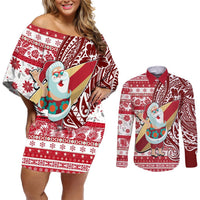 Custom Hawaii Mele Kalikimaka Couples Matching Off Shoulder Short Dress and Long Sleeve Button Shirt Santa Claus Surfing with Hawaiian Pattern Striped Red Style LT03 Red - Polynesian Pride