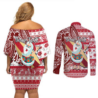 Custom Hawaii Mele Kalikimaka Couples Matching Off Shoulder Short Dress and Long Sleeve Button Shirt Santa Claus Surfing with Hawaiian Pattern Striped Red Style LT03 - Polynesian Pride