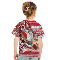 Custom Hawaii Mele Kalikimaka Kid T Shirt Santa Claus Surfing with Hawaiian Pattern Striped Red Style LT03 - Polynesian Pride