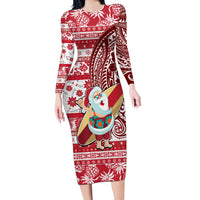 Custom Hawaii Mele Kalikimaka Long Sleeve Bodycon Dress Santa Claus Surfing with Hawaiian Pattern Striped Red Style LT03 Long Dress Red - Polynesian Pride