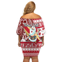 Custom Hawaii Mele Kalikimaka Off Shoulder Short Dress Santa Claus Surfing with Hawaiian Pattern Striped Red Style LT03 - Polynesian Pride