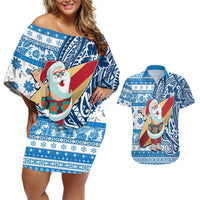 Hawaii Mele Kalikimaka Couples Matching Off Shoulder Short Dress and Hawaiian Shirt Santa Claus Surfing with Hawaiian Pattern Striped Blue Style LT03 Blue - Polynesian Pride