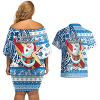 Hawaii Mele Kalikimaka Couples Matching Off Shoulder Short Dress and Hawaiian Shirt Santa Claus Surfing with Hawaiian Pattern Striped Blue Style LT03 - Polynesian Pride