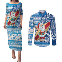 Hawaii Mele Kalikimaka Couples Matching Puletasi Dress and Long Sleeve Button Shirt Santa Claus Surfing with Hawaiian Pattern Striped Blue Style LT03 Blue - Polynesian Pride