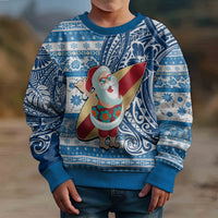 Hawaii Mele Kalikimaka Kid Ugly Christmas Sweater Santa Claus Surfing with Hawaiian Pattern Striped Blue Style LT03 - Polynesian Pride