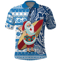 Hawaii Mele Kalikimaka Polo Shirt Santa Claus Surfing with Hawaiian Pattern Striped Blue Style LT03 Blue - Polynesian Pride
