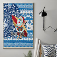 Custom Hawaii Mele Kalikimaka Canvas Wall Art Santa Claus Surfing with Hawaiian Pattern Striped Blue Style LT03 - Polynesian Pride