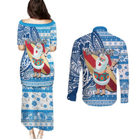 Custom Hawaii Mele Kalikimaka Couples Matching Puletasi Dress and Long Sleeve Button Shirt Santa Claus Surfing with Hawaiian Pattern Striped Blue Style LT03 - Polynesian Pride