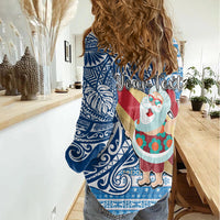 Custom Hawaii Mele Kalikimaka Women Casual Shirt Santa Claus Surfing with Hawaiian Pattern Striped Blue Style LT03 - Polynesian Pride