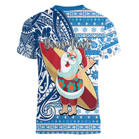Custom Hawaii Mele Kalikimaka Women V Neck T Shirt Santa Claus Surfing with Hawaiian Pattern Striped Blue Style LT03 - Polynesian Pride