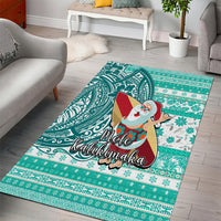 Hawaii Mele Kalikimaka Area Rug Santa Claus Surfing with Hawaiian Pattern Striped Turquoise Style LT03 - Polynesian Pride
