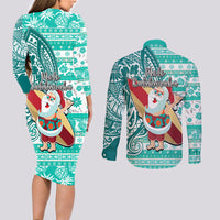 Hawaii Mele Kalikimaka Couples Matching Long Sleeve Bodycon Dress and Long Sleeve Button Shirt Santa Claus Surfing with Hawaiian Pattern Striped Turquoise Style LT03 - Polynesian Pride