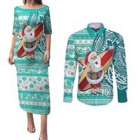 Hawaii Mele Kalikimaka Couples Matching Puletasi Dress and Long Sleeve Button Shirt Santa Claus Surfing with Hawaiian Pattern Striped Turquoise Style LT03 Turquoise - Polynesian Pride