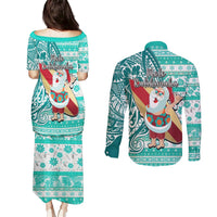 Hawaii Mele Kalikimaka Couples Matching Puletasi Dress and Long Sleeve Button Shirt Santa Claus Surfing with Hawaiian Pattern Striped Turquoise Style LT03 - Polynesian Pride