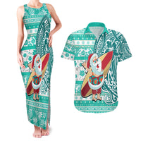 Hawaii Mele Kalikimaka Couples Matching Tank Maxi Dress and Hawaiian Shirt Santa Claus Surfing with Hawaiian Pattern Striped Turquoise Style LT03 Turquoise - Polynesian Pride