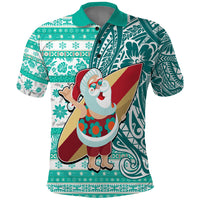 Hawaii Mele Kalikimaka Polo Shirt Santa Claus Surfing with Hawaiian Pattern Striped Turquoise Style LT03 Turquoise - Polynesian Pride